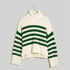 Madewell Wide Rib Cream and Green Striped Turtleneck Sweater Size Medium